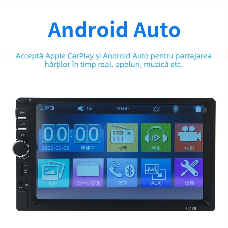 MP5 auto, ecran de 7 inch, cu CarPlay, Android Auto, Bluetooth și slot pentru card SD