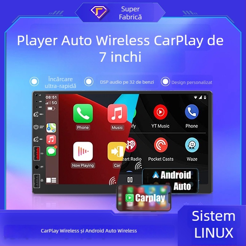 Unitate infotainment auto Linux de 7 inch cu MP5 player, CarPlay wireless și Android Auto