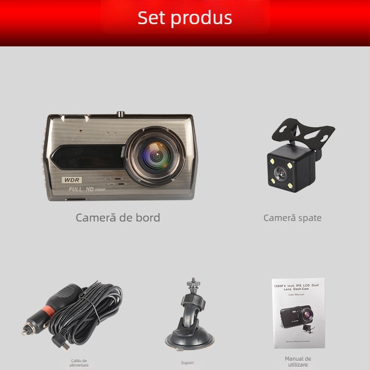 Dash cam IPS de 4 inchi din aliaj zinc, camere frontale și posterioare duale, vizionare nocturnă HD, imagine de marșarier