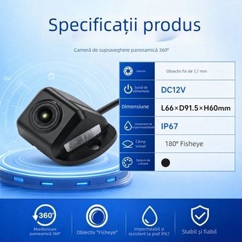 Cameră auto universală, unghi de 180°, vizionare nocturnă infraroșu, IP66 rezistentă la apă, cameră de recul