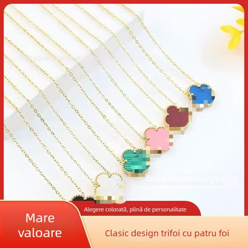 Colier reversibil cu trifoi cu patru foițe, 15 mm, lanț cross, 41–50 cm, placat cu aur galben