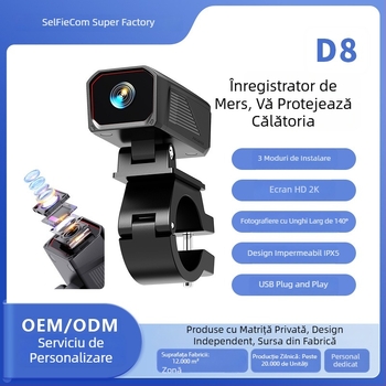 D8 Dash Cam 2K pentru motocicletă și vehicul electric, alimentare USB, rezistent la apă, suport universal, Wi-Fi și control prin aplicație