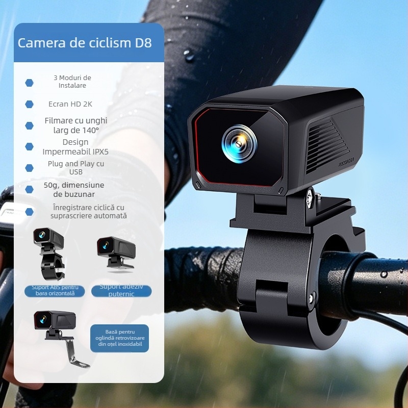 D8 Dash Cam 2K pentru motocicletă și vehicul electric, alimentare USB, rezistent la apă, suport universal, Wi-Fi și control prin aplicație