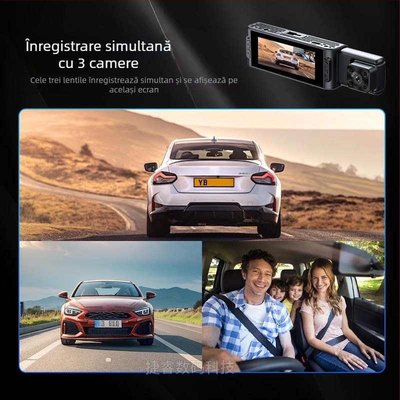 Cameră de bord pentru mașină cu trei lentile și Wi‑Fi, înregistrare față-spate