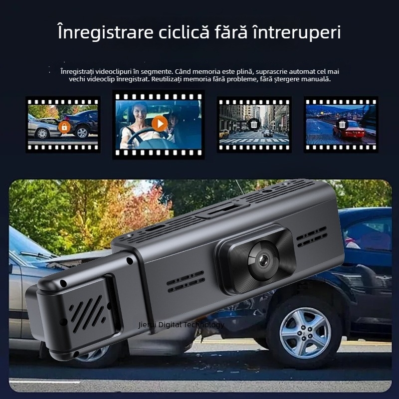 Cameră de bord pentru mașină cu trei lentile și Wi‑Fi, înregistrare față-spate
