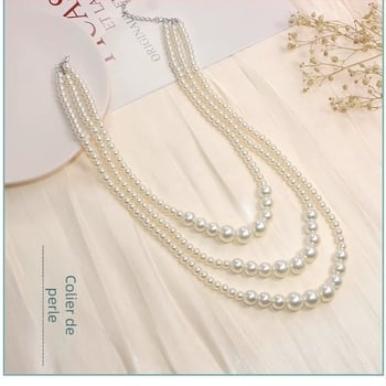 NK-303 Colier cu perle în trei straturi, perle de dimensiuni variate, bijuterii feminine elegante