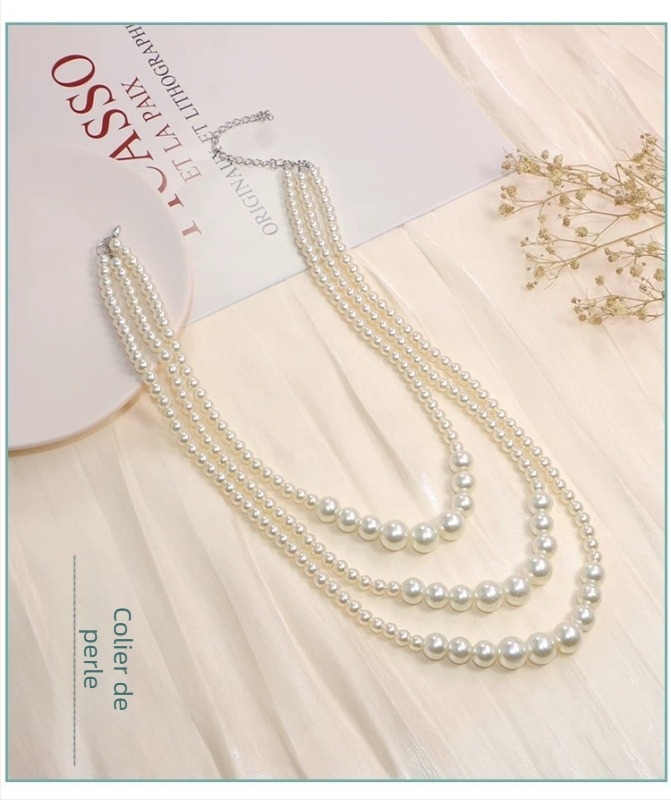 NK-303 Colier cu perle în trei straturi, perle de dimensiuni variate, bijuterii feminine elegante