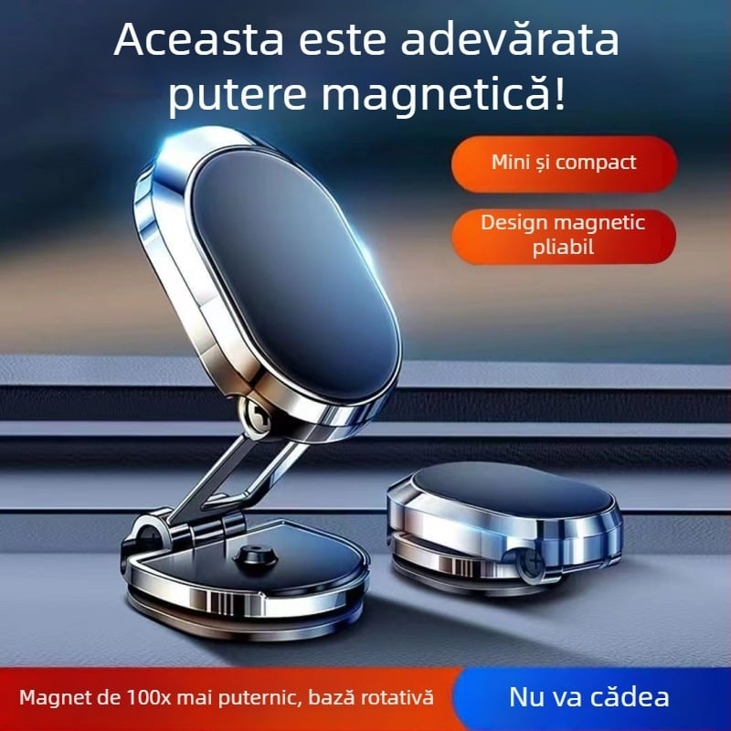 Suport universal pentru telefon în mașină, fixare magnetică, bază adezivă, pliabil, rotație de 360°, aliaj de zinc, dimensiuni 65×20×36 mm
