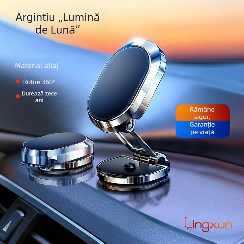 Suport universal pentru telefon în mașină, fixare magnetică, bază adezivă, pliabil, rotație de 360°, aliaj de zinc, dimensiuni 65×20×36 mm