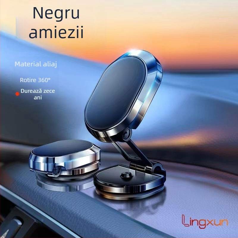 Suport universal pentru telefon în mașină, fixare magnetică, bază adezivă, pliabil, rotație de 360°, aliaj de zinc, dimensiuni 65×20×36 mm