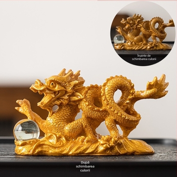 Figurină de ceai din rășină: dragon auriu cu mărgele ce își schimbă culoarea, pentru masă de ceai, tavă și vesela de ceai