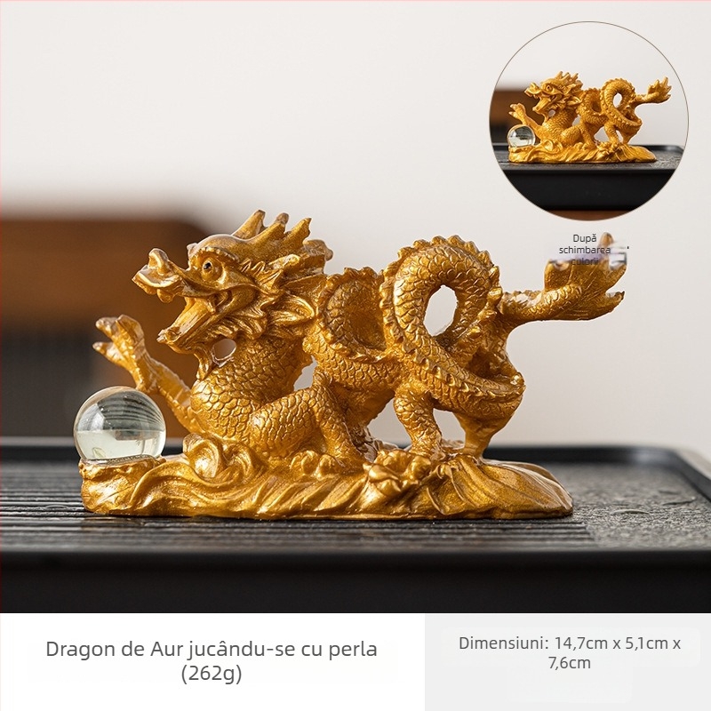 Figurină de ceai din rășină: dragon auriu cu mărgele ce își schimbă culoarea, pentru masă de ceai, tavă și vesela de ceai