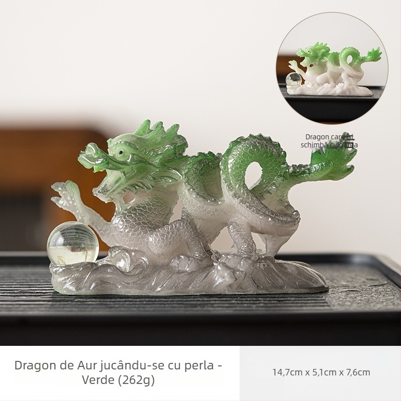 Figurină de ceai din rășină: dragon auriu cu mărgele ce își schimbă culoarea, pentru masă de ceai, tavă și vesela de ceai