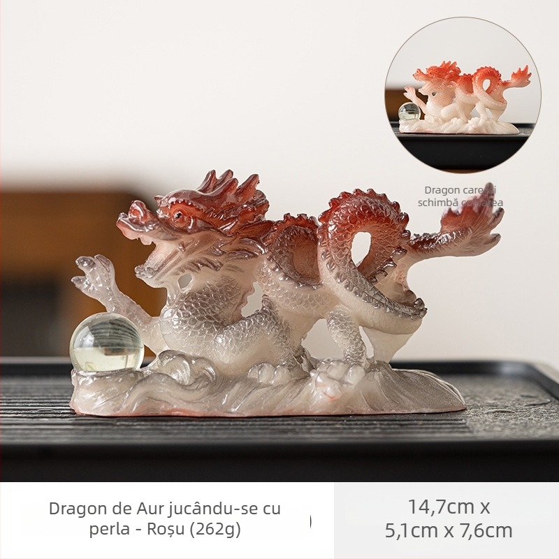Figurină de ceai din rășină: dragon auriu cu mărgele ce își schimbă culoarea, pentru masă de ceai, tavă și vesela de ceai