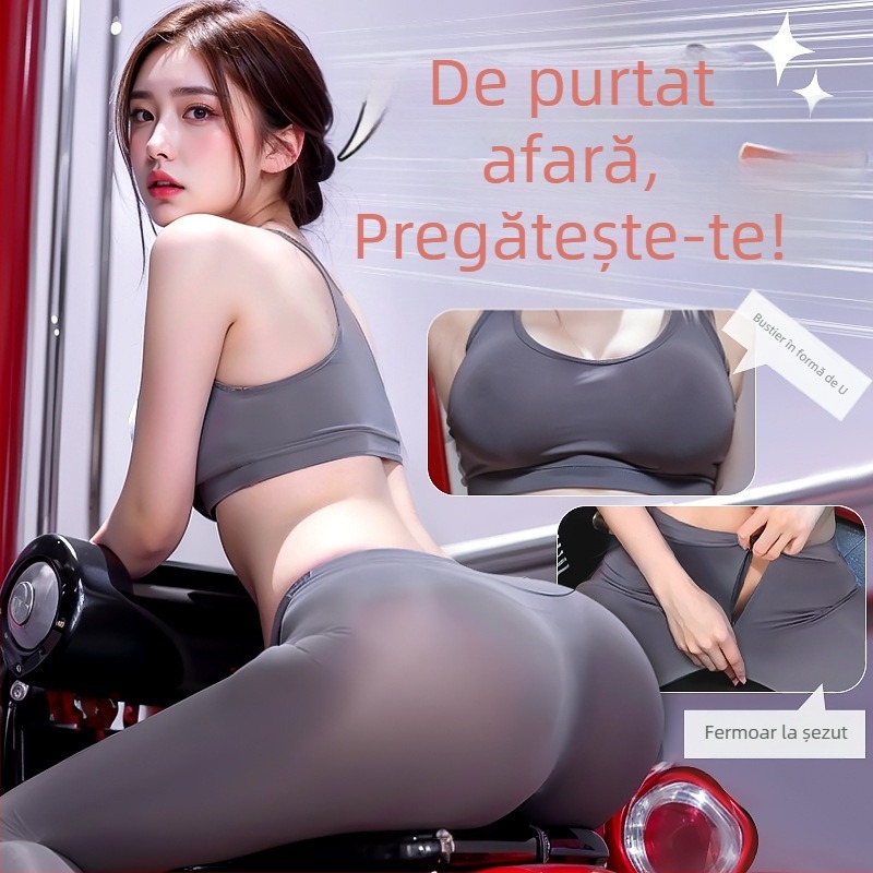 Set nou de lenjerie sexy din mătase de gheață, pantaloni de yoga cu deschidere frontală și top elastic