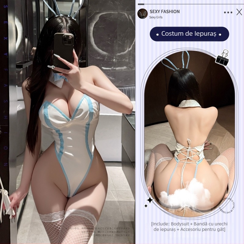 Body sexy pentru fată iepure, cu bretele pe spate, croială strânsă, decolteu adânc în V, deschidere în zona inghinală