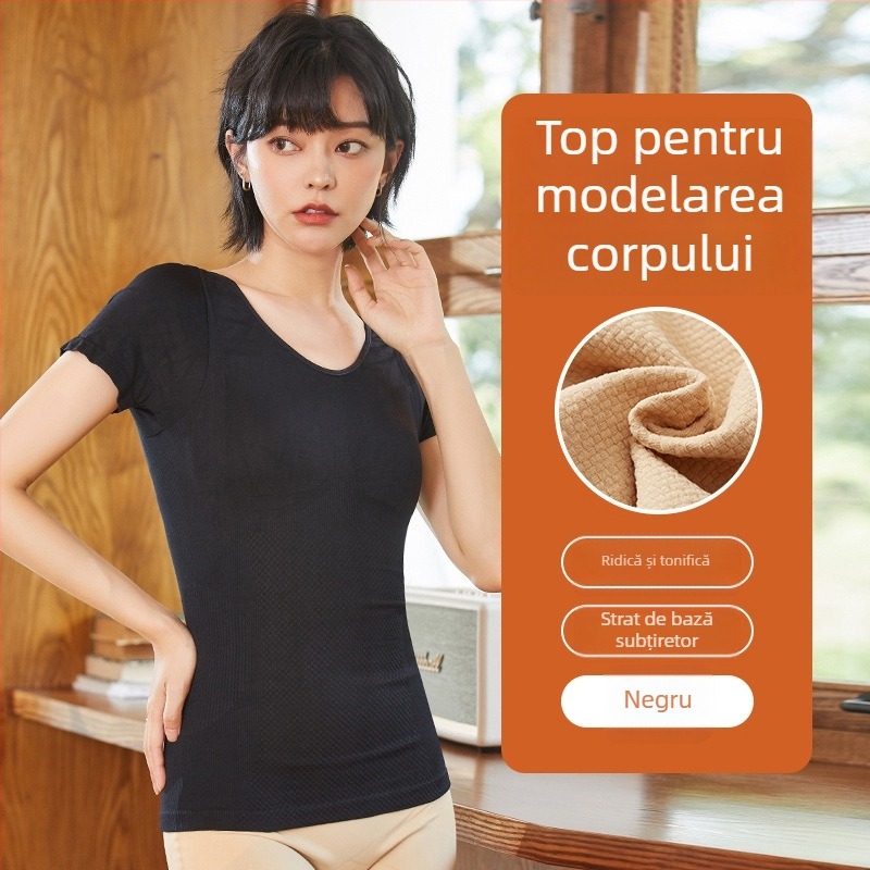 Top termic pentru bază feminin, modelare corporală, mâneci scurte, nailon ultra-subțire, menține căldura, guler rotund