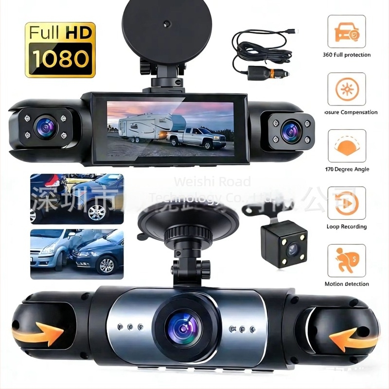 Y108 dash cam cu patru lentile, 1080p, camere față, stânga, dreapta și spate cu imagine de marșarier