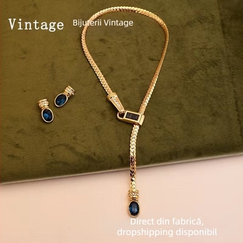 Colier vintage în formă de Y cu lanț șarpe și pandantiv din sticlă, stil retro