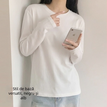 Tricou alb din bumbac 100% pentru femei, mâneci lungi, guler rotund, culoare solidă, top de bază, primăvară-vară 2026