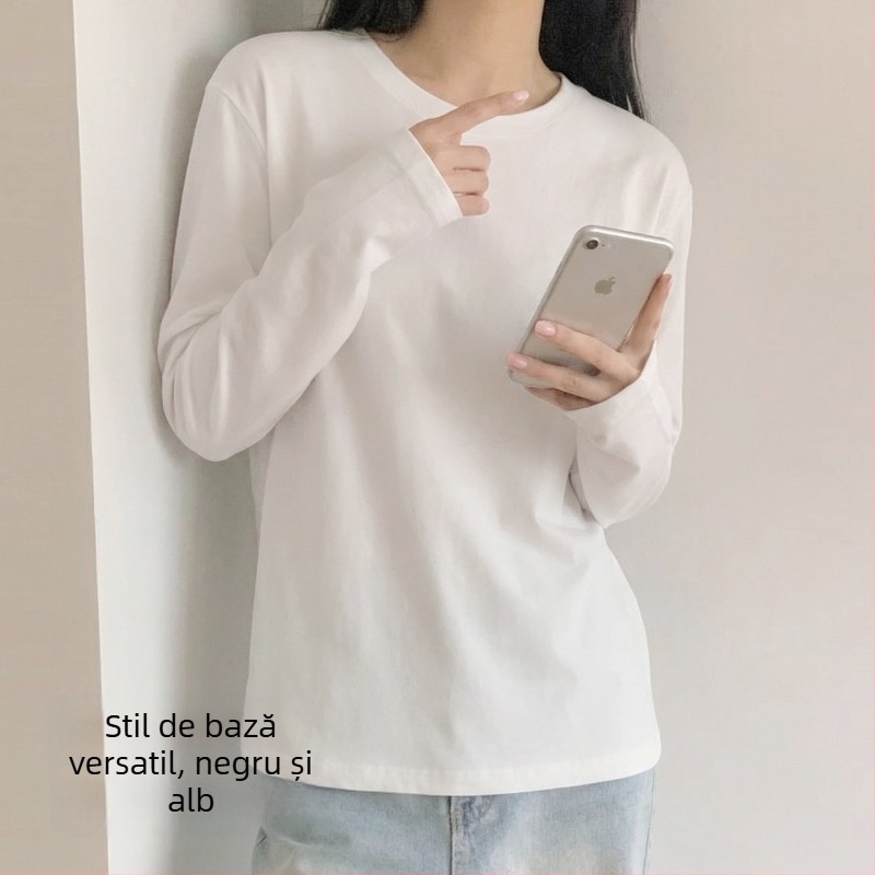 Tricou alb din bumbac 100% pentru femei, mâneci lungi, guler rotund, culoare solidă, top de bază, primăvară-vară 2026