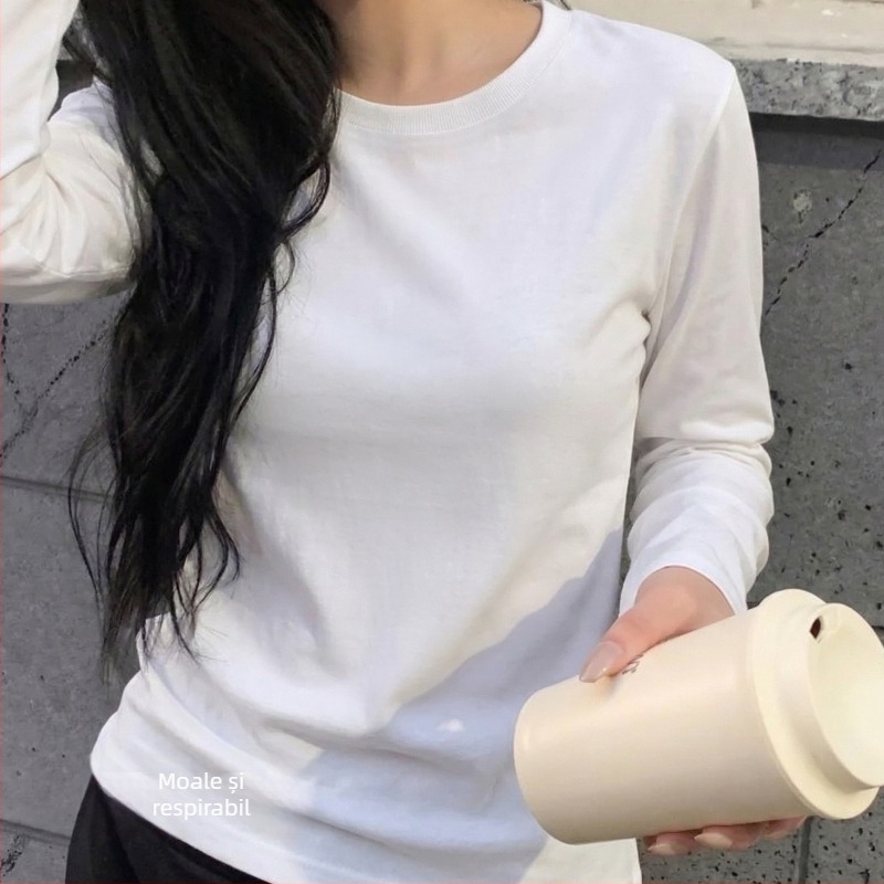 Tricou alb din bumbac 100% pentru femei, mâneci lungi, guler rotund, culoare solidă, top de bază, primăvară-vară 2026