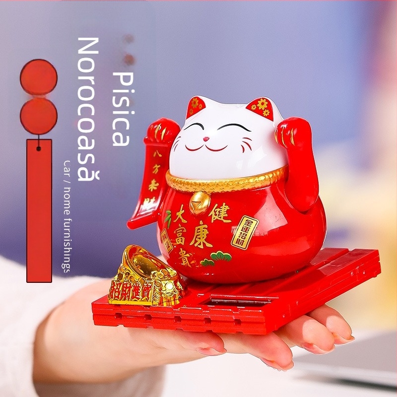 Figurină decor pentru birou cu pisică norocoasă alimentată cu energie solară, Maneki Neko drăguț, decor, cadou pentru ziua de naștere a colegului