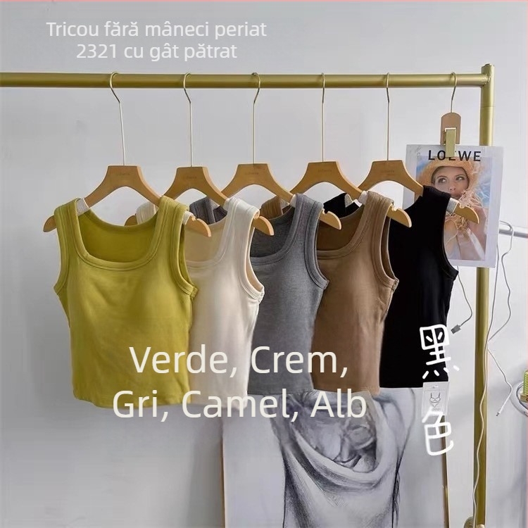 Top sport din bumbac 100% cu guler pătrat, cu pernă pentru sân, poate fi purtat ca strat interior sau exterior