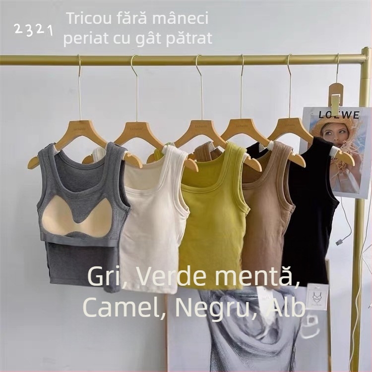 Top sport din bumbac 100% cu guler pătrat, cu pernă pentru sân, poate fi purtat ca strat interior sau exterior