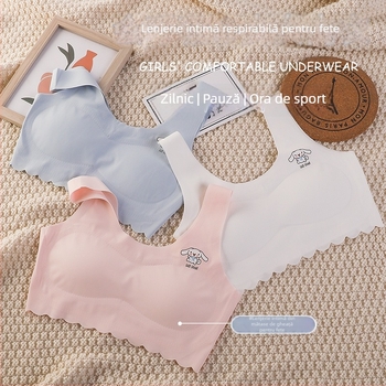 Top fără cusură pentru fete, cupe subțiri modelate, material Ice Silk nylon, acoperire a spatelui, lenjerie de vară ușoară pentru 7–12 ani
