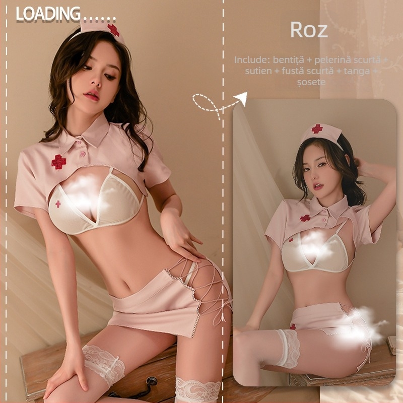 Set de lenjerie sexy pentru rolul de infirmieră, două piese, curele laterale, decolteu adânc în V