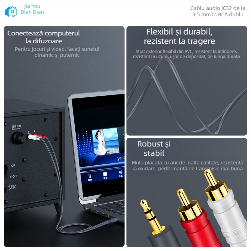 Cablu audio 3,5 mm la 2 x RCA pentru difuzoare PC, lungime 1,5 m