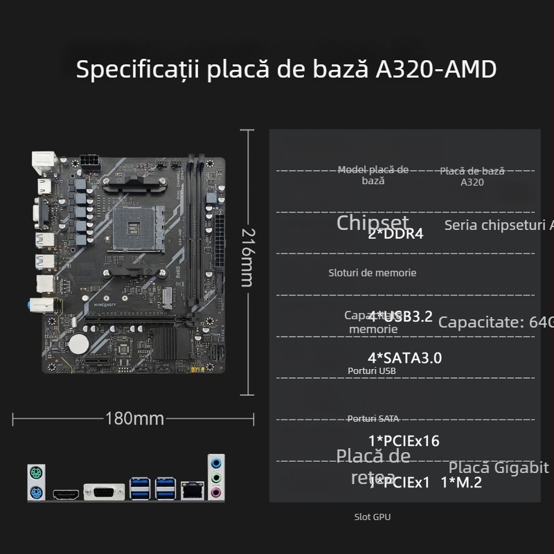 Placă de bază pentru desktop AMD Ryzen AM4 A320 cu suport pentru memorie DDR4, interfață M.2, compatibilă cu procesoare AM4