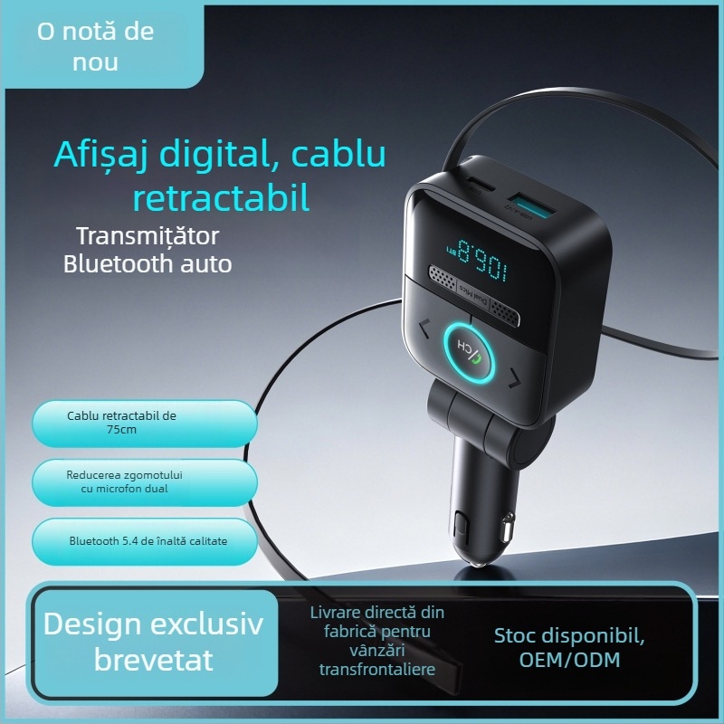Player MP3 Bluetooth pentru mașină cu sunet fără pierderi, emițător FM, hands-free, microfon dual, afișaj digital, cablu retractabil și încărcător auto.