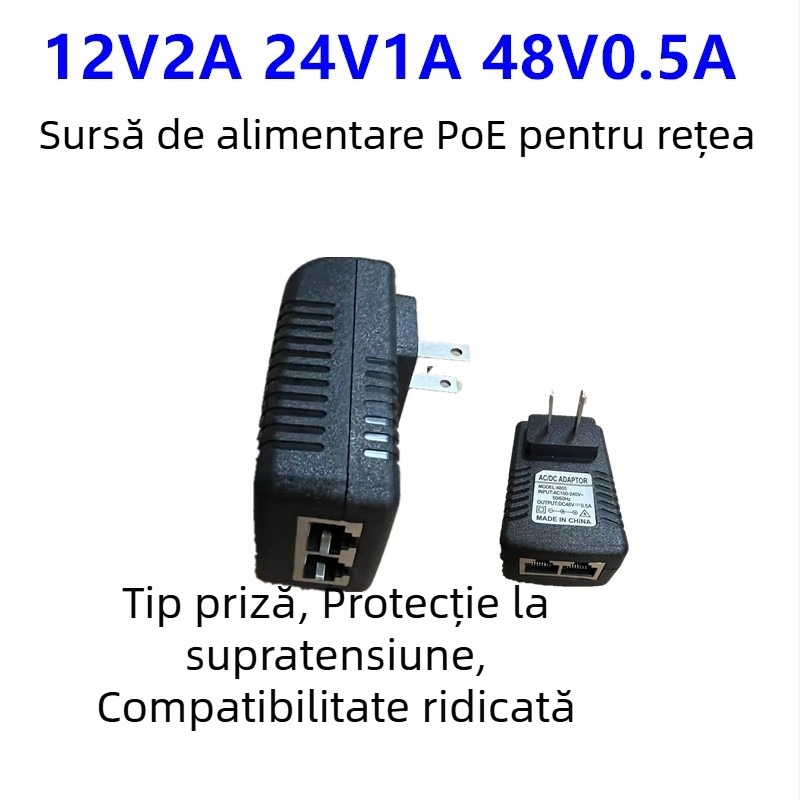 Sursă PoE pentru portul de rețea: adaptor 12V pentru AP wireless, set-top box 24V, switch 48V 0,5A