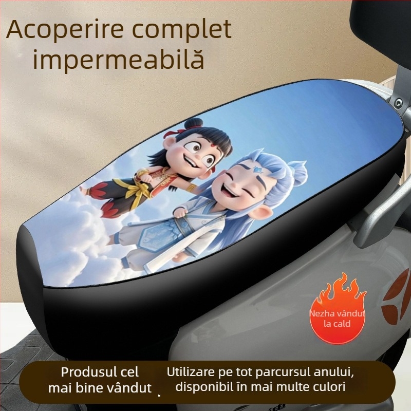 Husa de șezut din piele pentru scuter electric și motocicletă, cu motiv Nezha Ao Bing, impermeabil, pentru toate sezoanele.