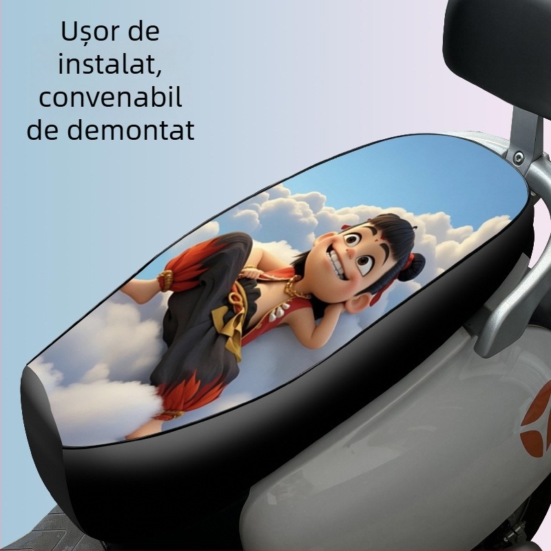 Husa de șezut din piele pentru scuter electric și motocicletă, cu motiv Nezha Ao Bing, impermeabil, pentru toate sezoanele.