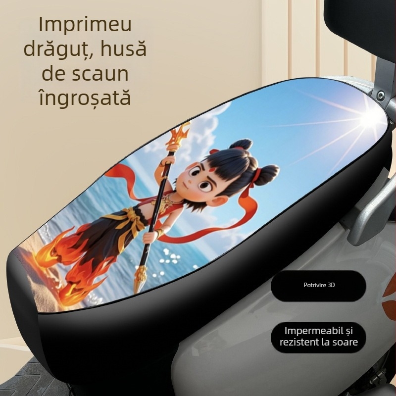 Husa de șezut din piele pentru scuter electric și motocicletă, cu motiv Nezha Ao Bing, impermeabil, pentru toate sezoanele.
