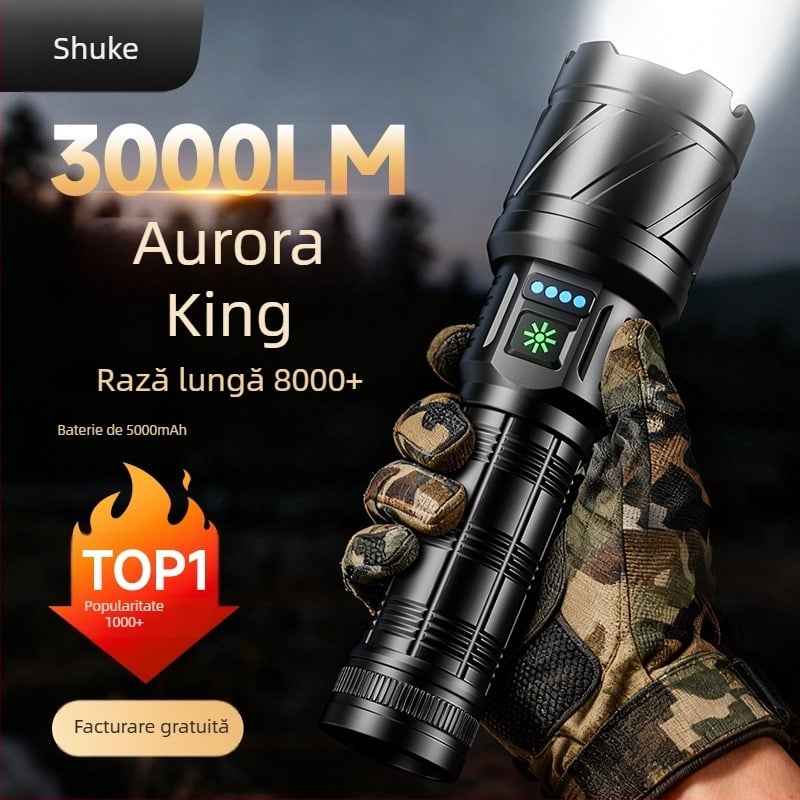 Lanternă LED reîncărcabilă, ultraluminoasă pentru exterior, corp din aliaj de aluminiu, iluminare de înaltă putere