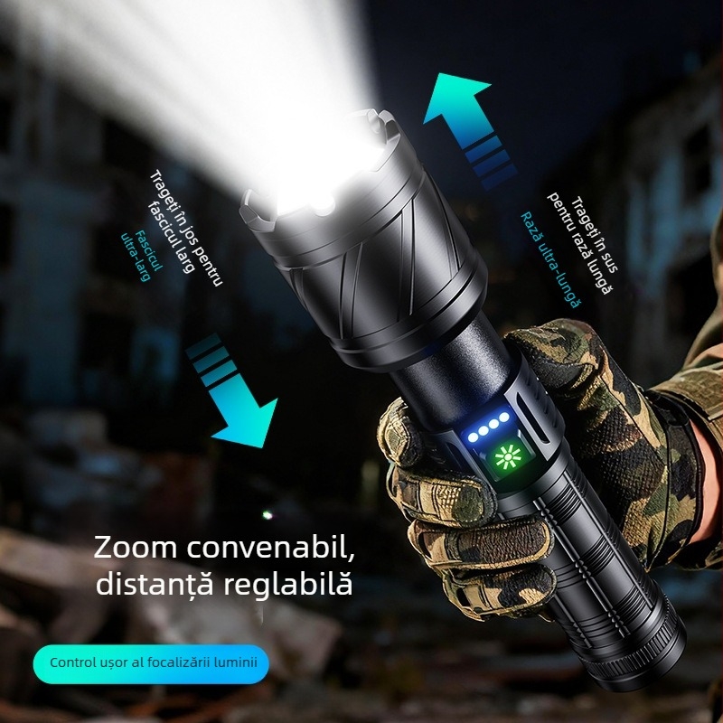 Lanternă LED reîncărcabilă, ultraluminoasă pentru exterior, corp din aliaj de aluminiu, iluminare de înaltă putere