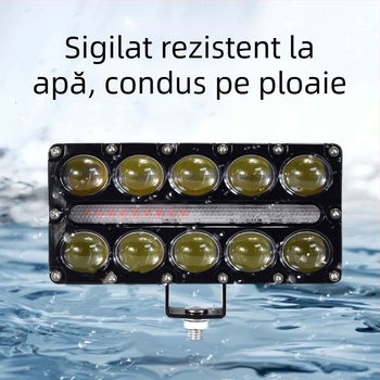 Proiector LED pentru motocicletă cu 10 LED-uri, lentilă pătrată bi-color albă și galbenă, fascicul de înaltă intensitate