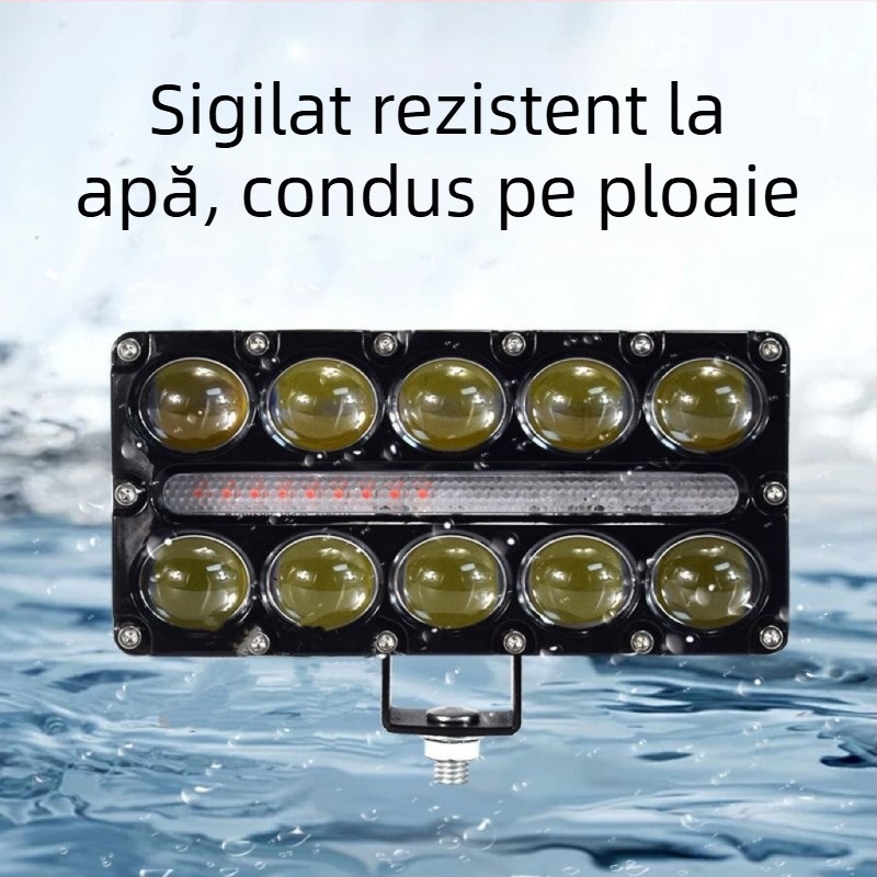 Proiector LED pentru motocicletă cu 10 LED-uri, lentilă pătrată bi-color albă și galbenă, fascicul de înaltă intensitate