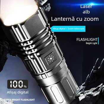 Lanternă LED reîncărcabilă prin USB cu laser alb, zoom, rază lungă, pentru exterior