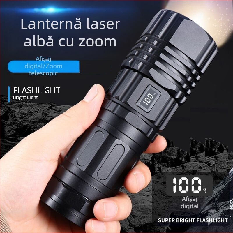 Lanternă LED reîncărcabilă prin USB cu laser alb, zoom, rază lungă, pentru exterior