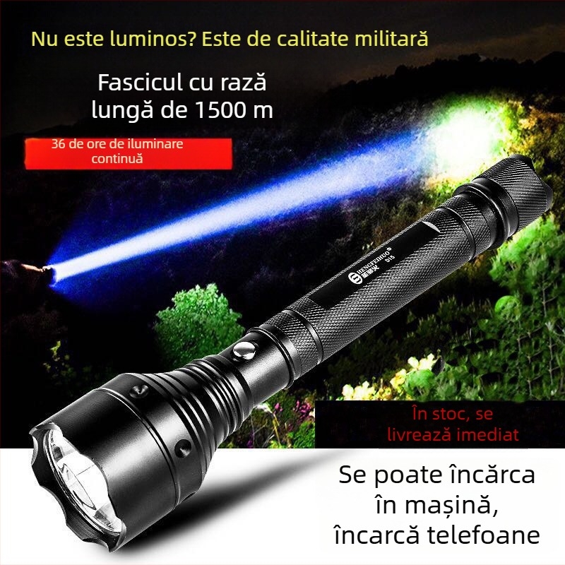 Lanternă LED reîncărcabilă cu fascicul lung, ultra-luminosa, pentru exterior, camping, autoapărare și patrulare