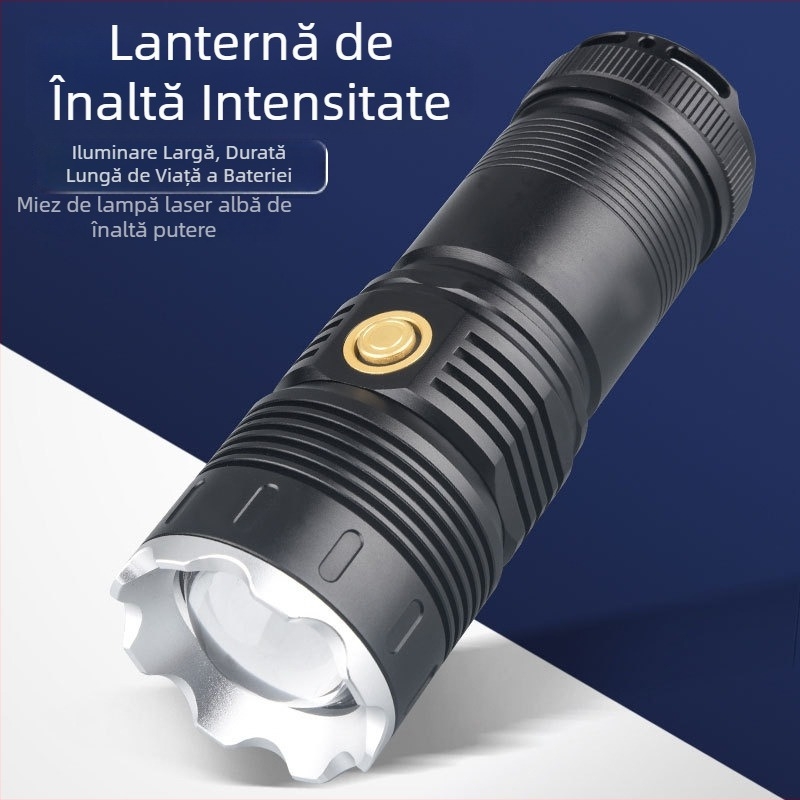 Fanar LED reîncărcabil, cu rază lungă, multifuncțional, laser alb, pentru exterior