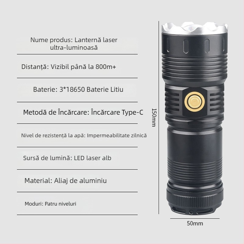 Fanar LED reîncărcabil, cu rază lungă, multifuncțional, laser alb, pentru exterior