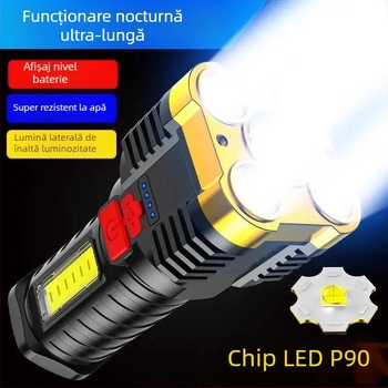 Lanternă tactic cu cinci LED, reîncărcabilă, luminozitate înaltă, rază lungă, pentru exterior