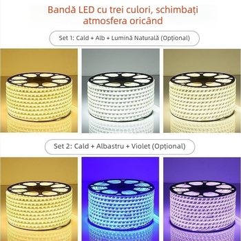 Bandă LED 220V pentru exterior, reglaj în trei culori și schimbare de culoare, iluminare ambientală a tavanului, rezistentă la apă