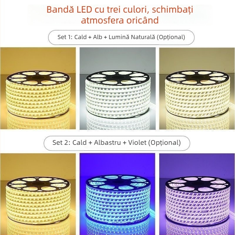 Bandă LED 220V pentru exterior, reglaj în trei culori și schimbare de culoare, iluminare ambientală a tavanului, rezistentă la apă